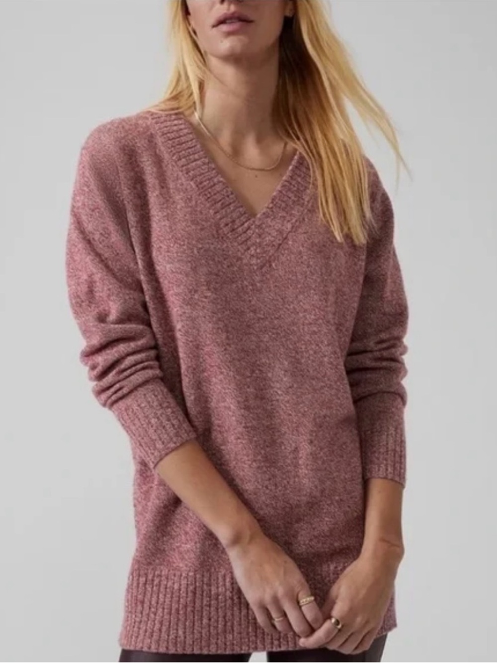 Athleta Vital V-Neck Tunic Sweater L Red  Wool Cashmere Blend Oversized Soft